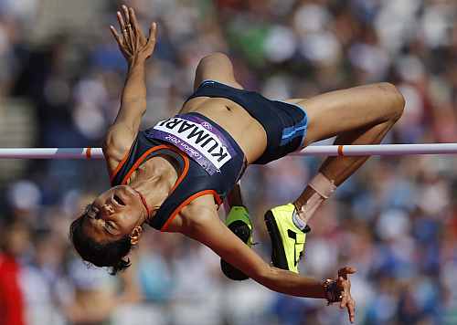 India's Sahana Kumari competes in the women's high jump qualification at the London 2012 Olympic Games