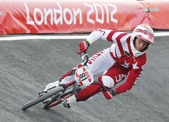 Latvia's Maris Strombergs competes in the men's BMX seeding run during the London 2012 Olympic Games at the BMX Track in the Olympic Park