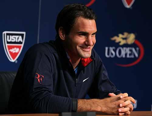 Roger Federer of Switzerland is interviewed during a press conference held on Arthur Ashe Kids' Day