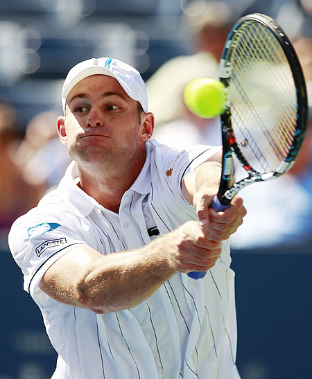 Andy Roddick hits a return to compatriot Rhyne Williams during their first round match on Tuesday