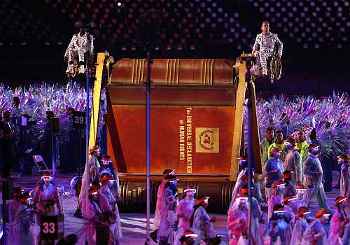 Performers take part at opening ceremony of London 2012 Paralympic Games in Olympic Stadium