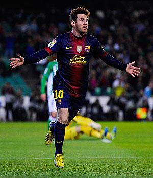 Barcelona's Lionel Messi celebrates after scoring against Real Betis at Estadio Benito Villamarin on Sunday