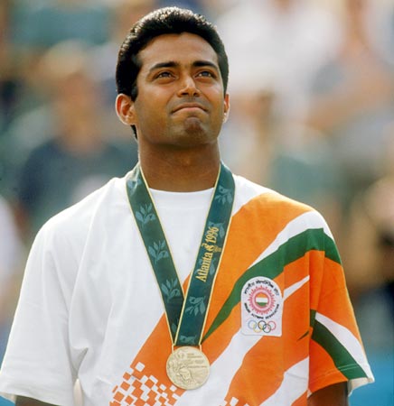 Leander Paes after he won a bronze medal in the men's singles tennis event at the 1996 Olympic Games in Atlanta