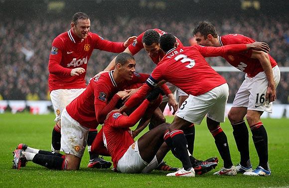 Danny Welbeck of Manchester United celebrates with his team-mates