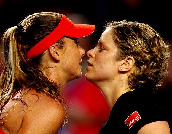 Kim Clijsters (right) with Daniela Hantuchova