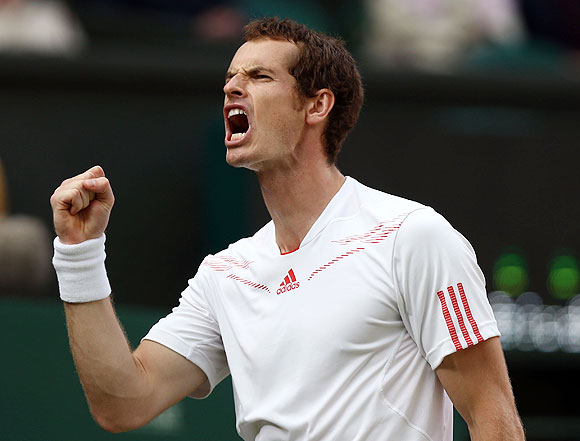 Andy Murray celebrates after defeating Jo-Wilfred Tsonga in the Wimbledon semi-final on Saturday