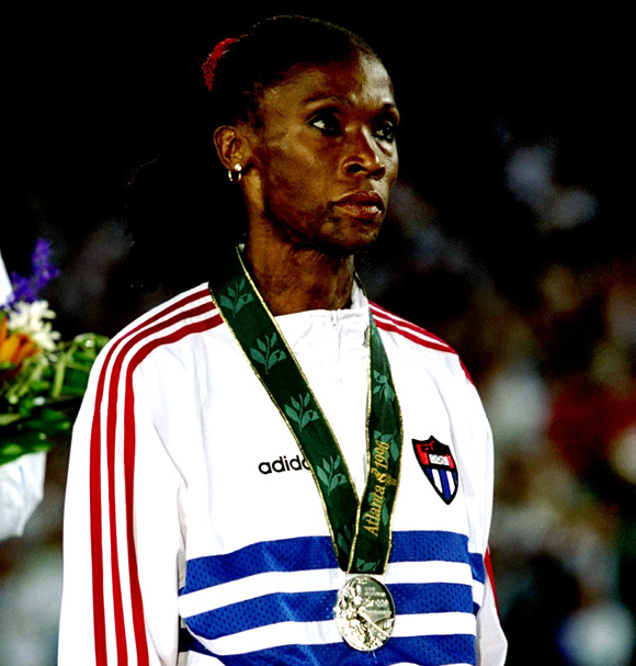 Ana Quirot of Cuba with silver medal for the womens 800 metres on the podium in the Olympic Stadium at the 1996 Centennial Olympic Games in Atlanta