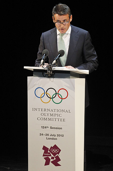 Sebastian Coe, chairman of the London Organising Committee of the Olympic Games and Paralympic Games delivers a speech during the Opening Ceremony of the IOC session at London's Royal Opera House on Monday