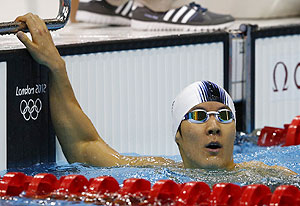 South Korea's Park Tae-hwan reacts after the men's 400m freestyle heats at the London 2012 Olympic Games at the Aquatics Centre on Saturday