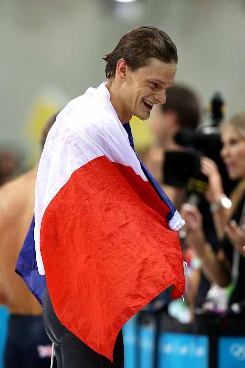 Yannick Agnel of France celebrates after he won the Final of the Men's 200m Freestyle