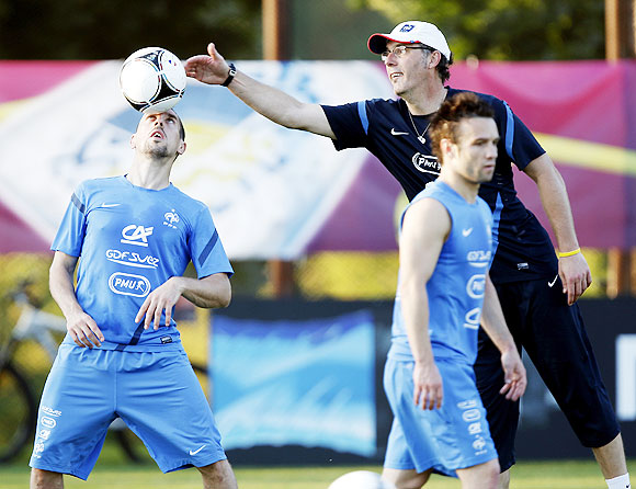 French soccer players Ribery and Valbuena attend a training session