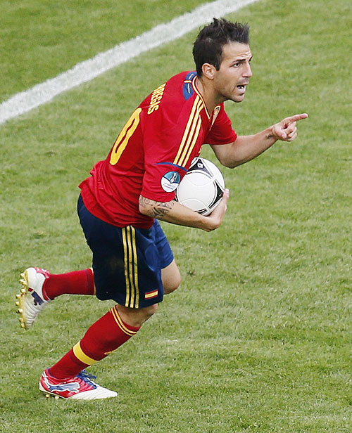 Spain's Cesc Fabregas celebrates after scoring against Italy