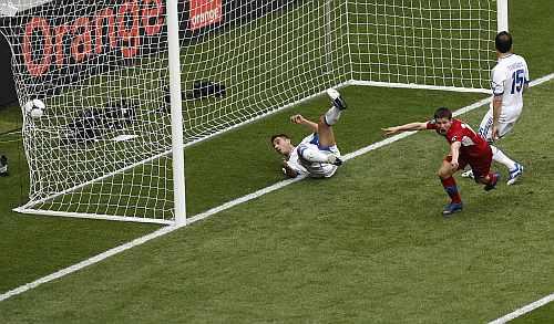 Czech Republic's Vaclav Pilar celebrates his goal against Greece during their Group A Euro 2012 soccer match at the city stadium in Wroclaw