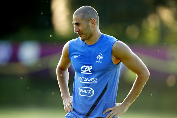 France's soccer player Karim Benzema attends a training session at the team's training center in Kircha near Donetsk