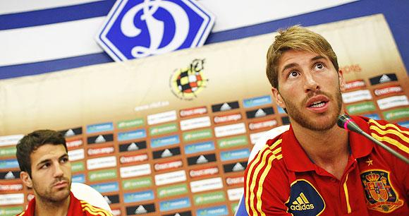 Spain's national soccer players Cesc Fabregas (left) and Sergio Ramos