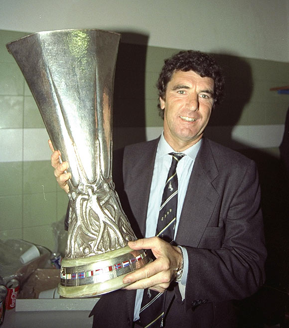 Juventus coach Dino Zoff with the UEFA Cup trophy in 1990