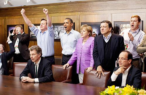 rime Minister David Cameron of the United Kingdom, US President Barack Obama, Chancellor Angela Merkel of Germany, Jose Manuel Barroso, President of the European Commission, French President Francois Hollande (seated right) and others watch the overtime shootout of the Chelsea v Bayern Munich Champions League final