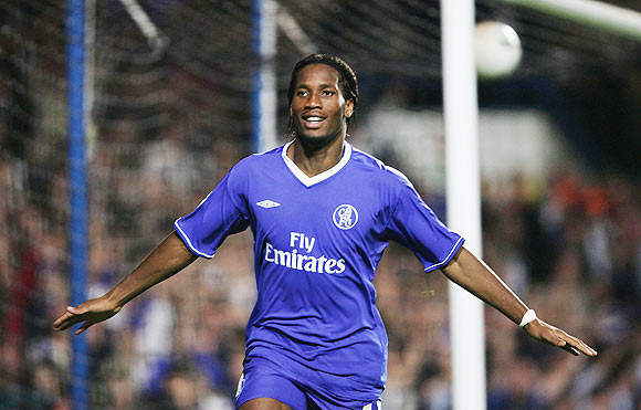 Didier Drogba of Chelsea celebrates scoring their second goal during the UEFA Champions League against FC Porto at Stamford Bridge on September 29, 2004