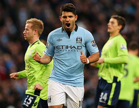 Sergio Aguero of Manchester City celebrates after scoring against Aston Villa on Saturday