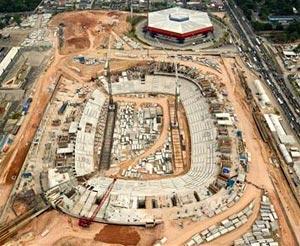 An aerial view shows the construction site of the Arena da Amazonia, or Vivaldo Lima Stadium, as it is rebuilt to host the 2014 World Cup, in Manaus