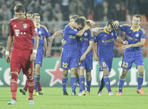 BATE Borisov's Aleksandr Pavlov (third right) is congratulated by teammates