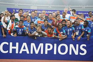 Indian team celebrates after winning the Nehru Cup on Sunday