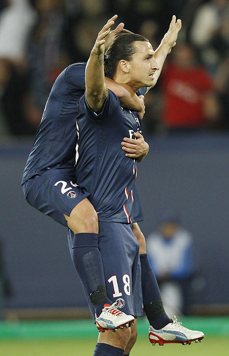 Paris St Germain's Zlatan Ibrahimovic celebrates his first goal during their Champions League match against Dynamo Kiev