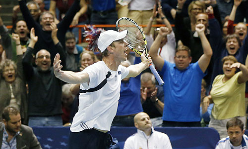Sam Querrey of the U.S. celebrates after defeating Serbia's Viktor Troicki during their Davis Cup quarter-final in Boise, Idaho, on Friday