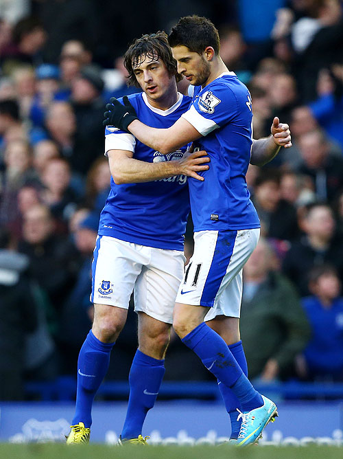 Everton's Kevin Mirallas celebrates his goal with teammate Leighton Baines during their EPL match