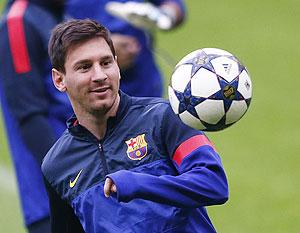 Barcelona's Lionel Messi attends a training session in Munich on Monday