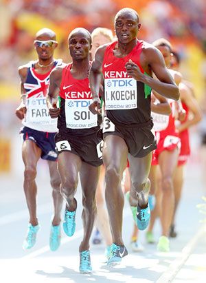 Isiah Kiplangat Koech of Kenya, Edwin Cheruiyot Soi of Kenya and Mo Farah of Great Britain compete during the Men's 5000 metres heats on day 4 of the 14th IAAF World Athletics Championships Moscow 2013 at Luzhniki Stadium in Moscow, on Tuesday