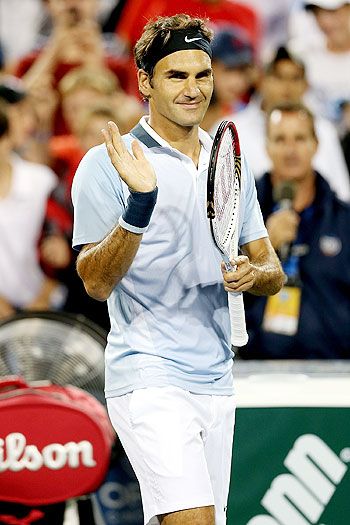Roger Federer celebrates his win over Phillip Kohlschreiber of Germany during the Western & Southern Open at Lindner Family Tennis Center in Cincinnati, Ohio, on Tuesday