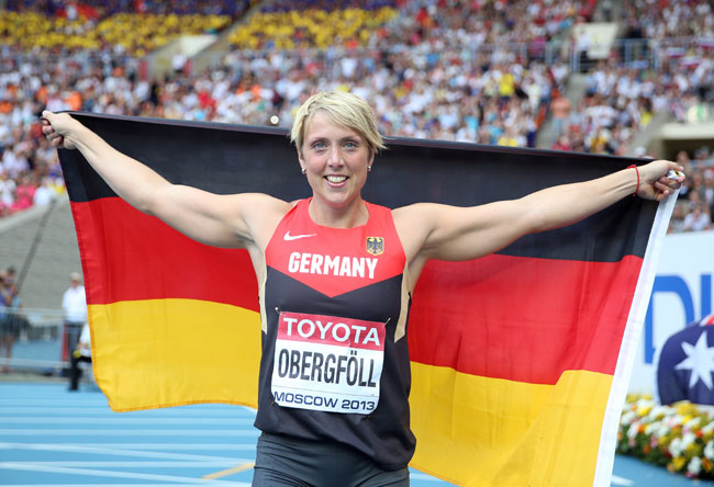 Christina Obergfoll of Germany celebrates winning gold in the Women's Javelin final