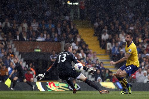 Arsenal's Olivier Giroud (R) scores past Fulham's goalkeeper David Stockdale 