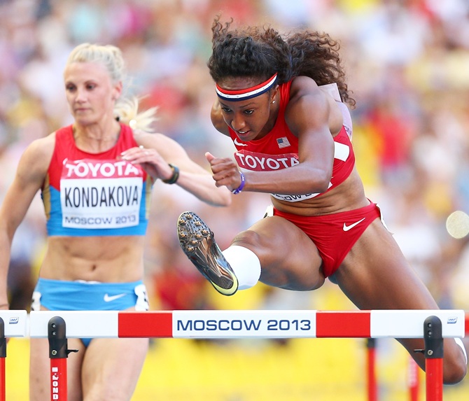 Brianna Rollins of the United States competes in the Women's 100 metres hurdles