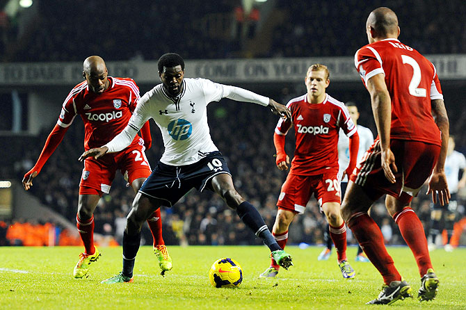 Emmanuel Adebayor of Spurs in action during the Barclays Premier League match between Tottenham Hotspur and West Bromwich Albion