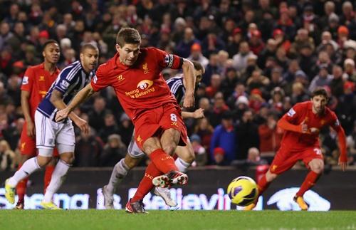 Steven Gerrard of Liverpool takes and subsequently misses a penalty kick