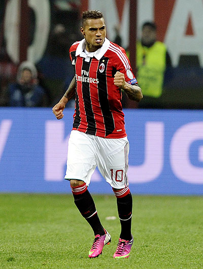Kevin Prince Boateng of AC Milan celebrates after scoring the first goal against Barcelona on Wednesday