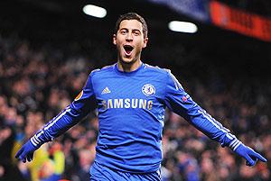 Eden Hazard of Chelsea celebrates his goal during the UEFA Europa League Round of 32 second leg match against Sparta Praha at Stamford Bridge on Thursday