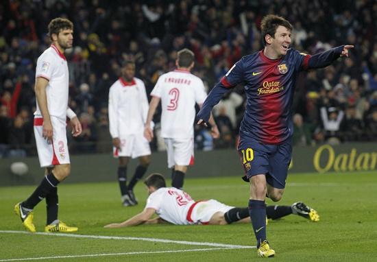 Barcelona's Lionel Messi celebrates a goal against Sevilla