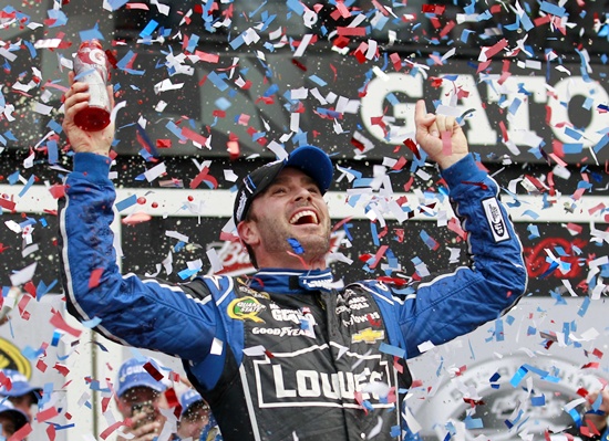 Driver Jimmie Johnson celebrates in victory
