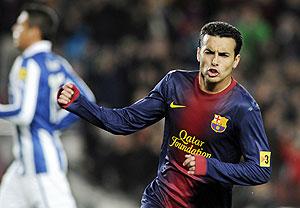 Barcelona's Pedro Rodriguez celebrates a goal against Espanyol during their La Liga match at Camp Nou stadium in Barcelona on Sunday