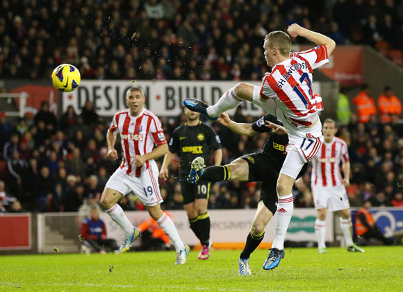 Ryan Shawcross of Stoke City scores the opening goal during the Premier League match against Wigan Athletic at the Britannia Stadium