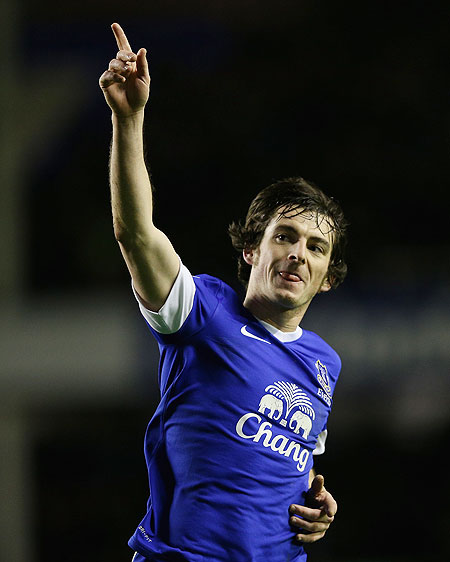 Leighton Baines of Everton celebrates after scoring against West Bromwich Albion on Wednesday