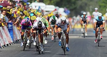 Mark Cavendish (left) of Great Britain and Omega Pharma- Quick Step sprints against stage winner Marcel Kittel (right) of Germany and Team Argos-Shimano during stage twelve of the 2013 Tour de France, on Thursday