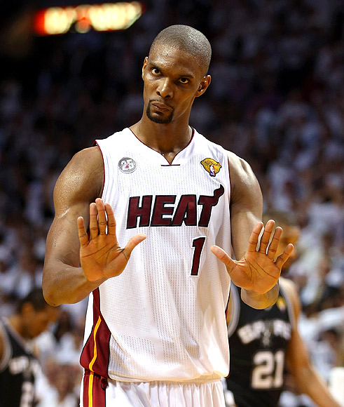 Chris Bosh of the Miami Heat reacts in overtime against the San Antonio Spurs in the NBA Finals