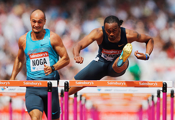 Aries Merritt of the United States competes in the Men's 110m Hurdles semi-final during day two of the Sainsbury's Anniversary Games - IAAF Diamond League 2013 at The Queen Elizabeth Olympic Park in London on Saturday