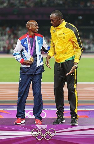 Great Britain's Mo Farah with Jamaica's Usain Bolt