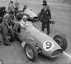 Argentinian racing driver Jose Froilan Gonzalez in a Ferrari at the Silverstone circuit in 1954