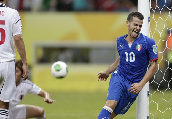 Italy's Sebastian Giovinco celebrates after scoring the winning goal during their Confederations Cup Group A soccer match against Japan